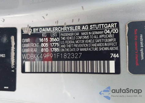 2001 Mercedes-Benz Slk 230 Kompressor z USA, uszkodzony, nr VIN WDBKK49F91F182327